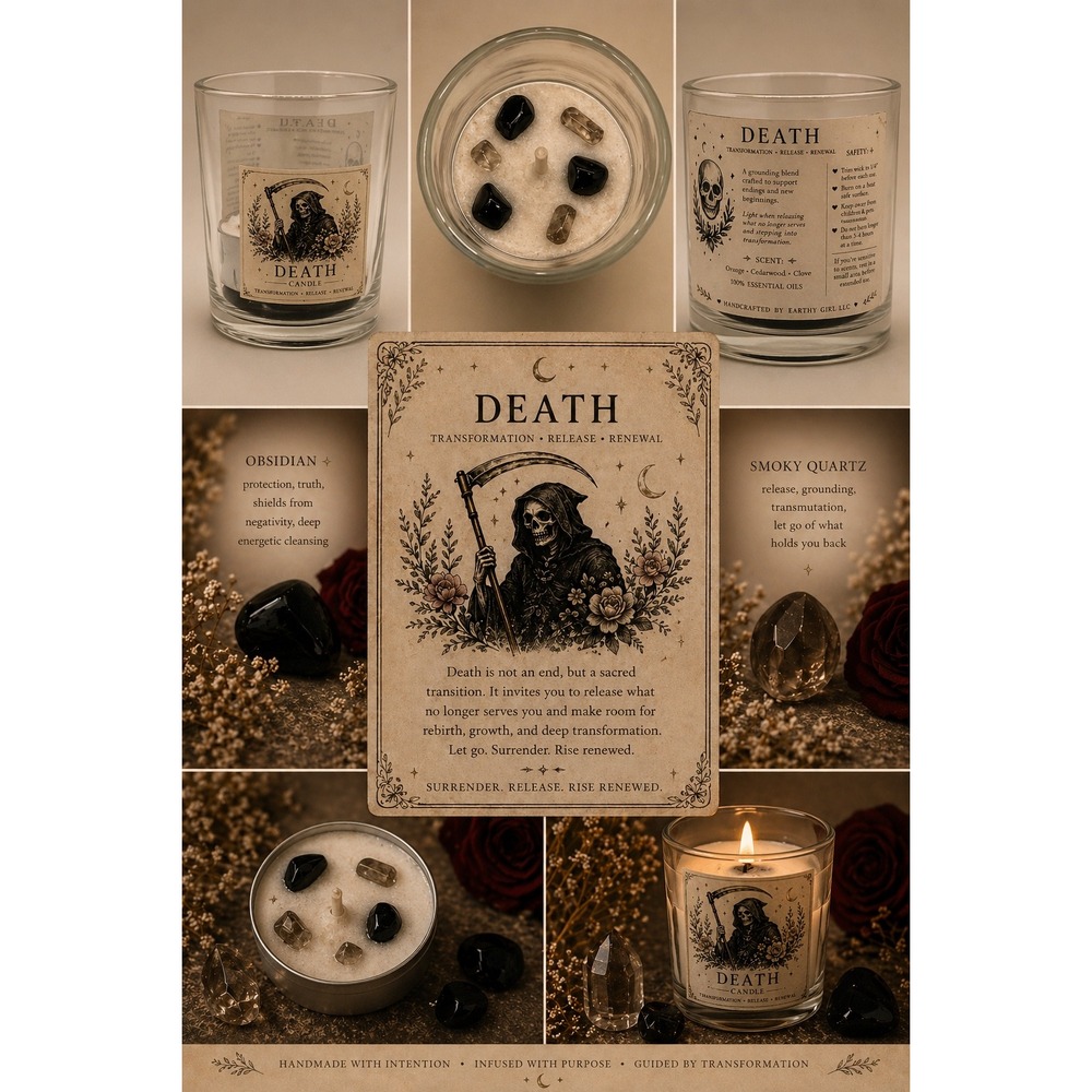 Earthy Girl LLC‎ Death Tarot Candle Obsidian Smoky Quartz Essential Oils Ritual
